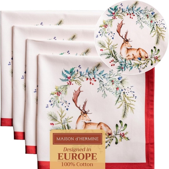 Maison d' Hermine Cloth Napkins Set of 4 100% Cotton (Holly Time, 20" x 20") - Picture 1 of 7